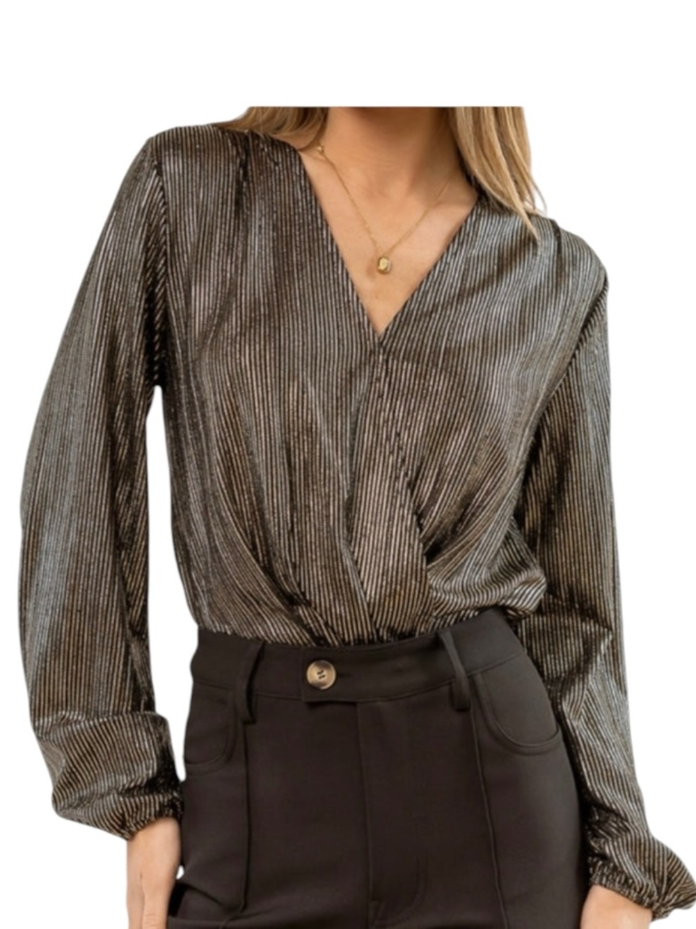 Dress Forum‎ Metallic Striped Faux Wrap Long Sleeve Bodysuit Top M
